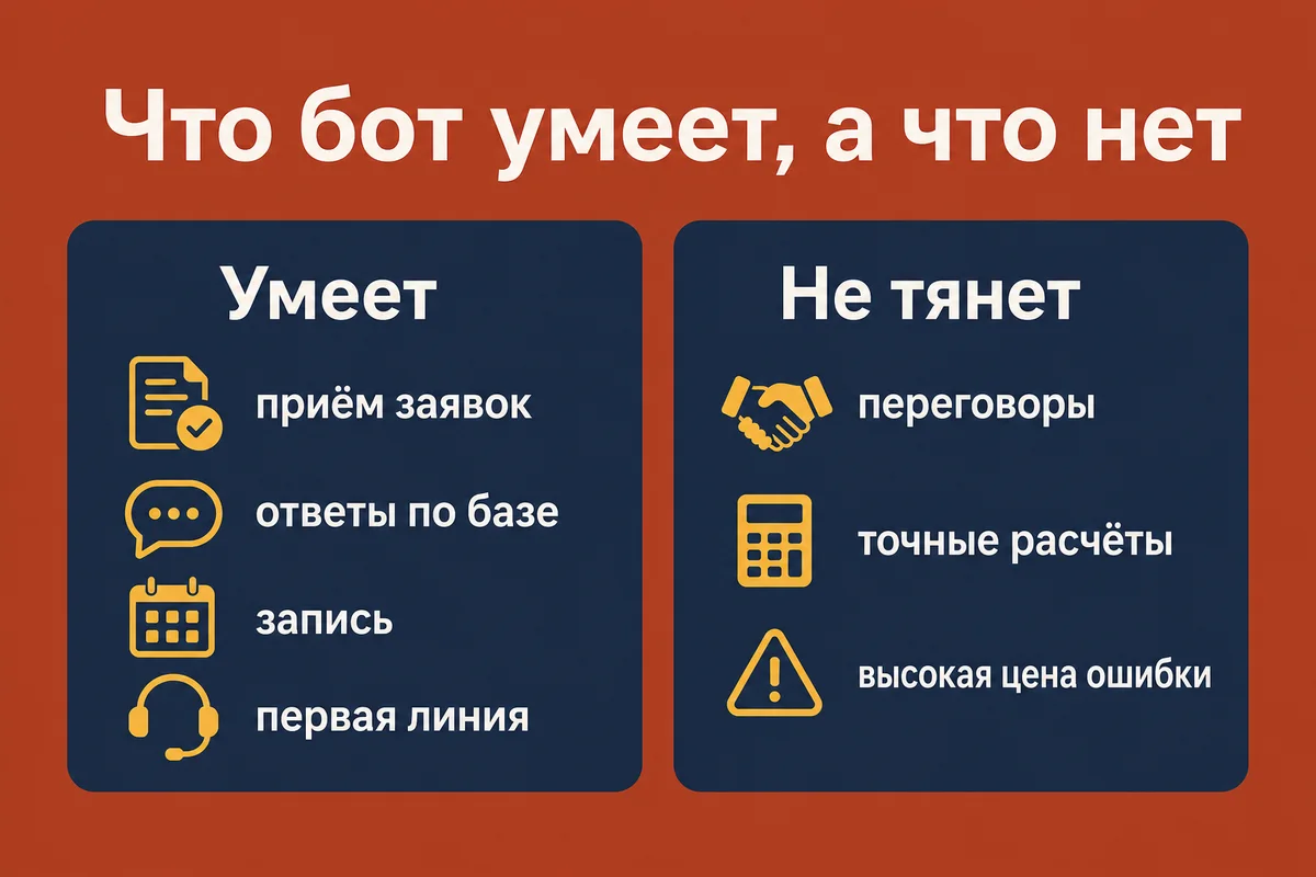 Что ИИ-бот умеет и чего не тянет: умеет приём заявок, ответы по базе, запись и первую линию поддержки, не тянет переговоры, точные расчёты и задачи с высокой ценой ошибки – neurovod.ru