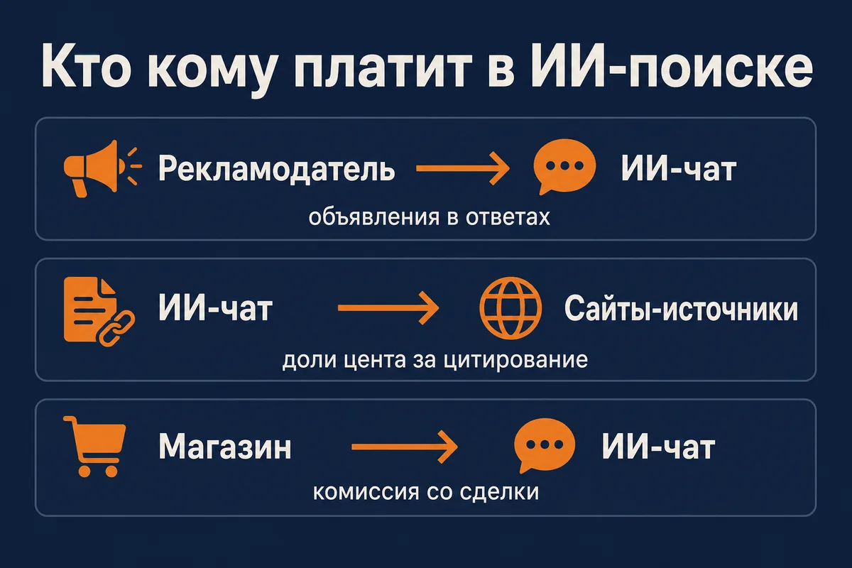 Три денежных потока ИИ-поиска: рекламодатель платит чату за объявления, чат платит сайтам-источникам доли цента за цитирование, магазин платит чату комиссию со сделки
