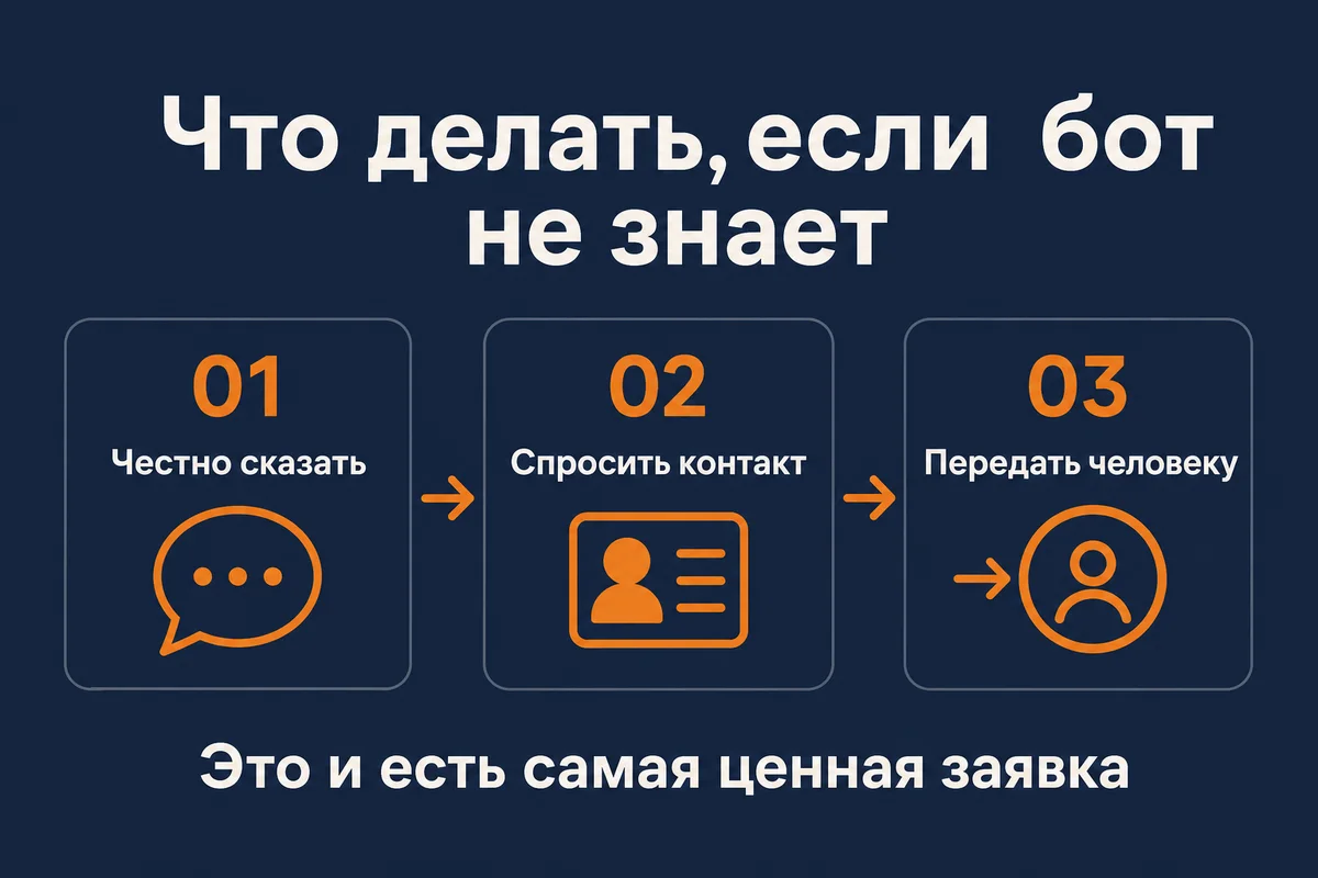 Что делать, если бот не знает ответа: честно сказать, спросить контакт, передать человеку – neurovod.ru