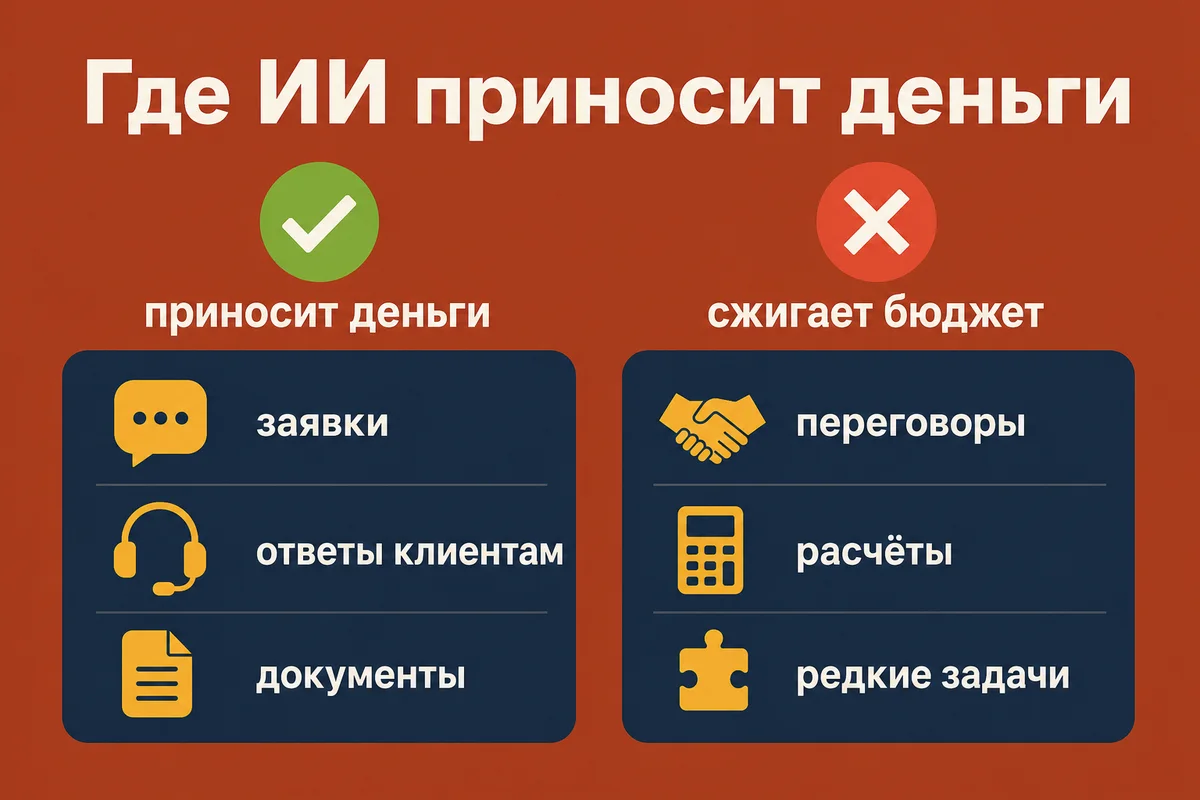 Где ИИ приносит деньги бизнесу – заявки, ответы клиентам, документы – и где сжигает бюджет: переговоры, расчёты, редкие задачи – neurovod.ru