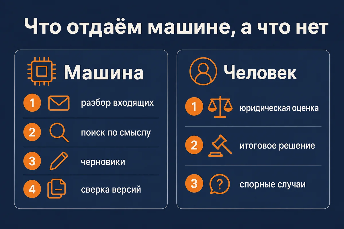 Что отдаём машине и что оставляем человеку при работе с документами: разбор входящих и сверка против юридической оценки и итогового решения – neurovod.ru