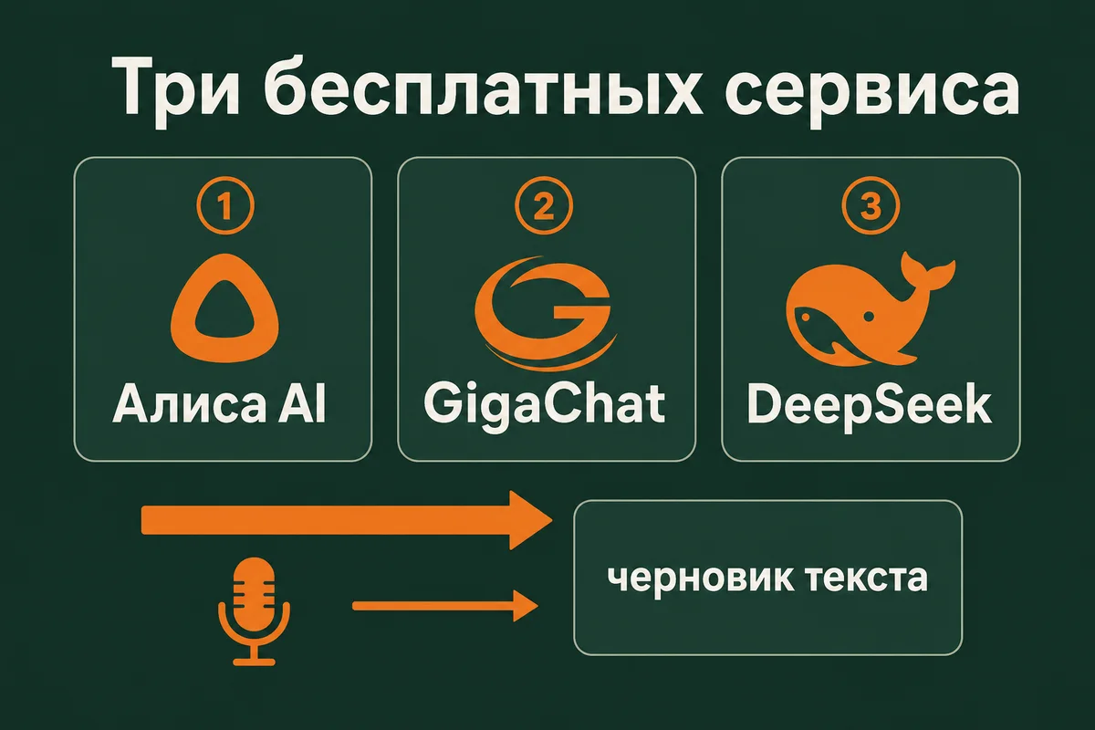 Три бесплатных сервиса для генерации текста – Алиса AI, GigaChat и DeepSeek – и голосовой способ получить черновик текста – neurovod.ru