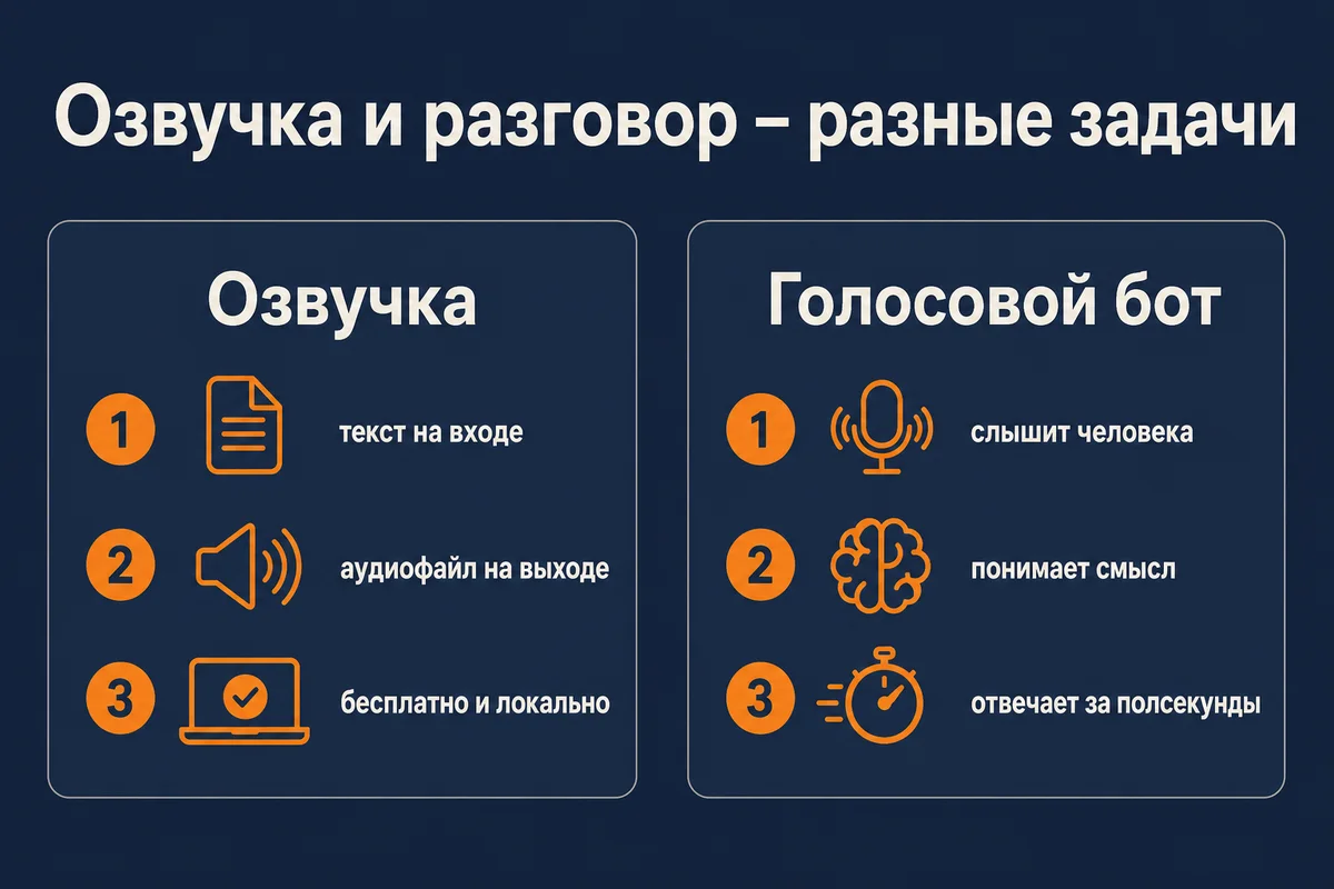 Разница между озвучкой текста и голосовым ботом: текст на входе и аудиофайл на выходе против системы, которая слышит человека и отвечает за полсекунды – neurovod.ru