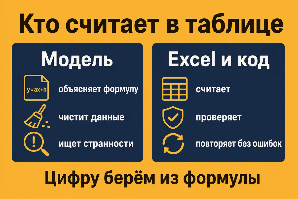 Кто считает в таблице: модель объясняет формулу, чистит данные и ищет странности, а Excel и код считают и проверяют – neurovod.ru