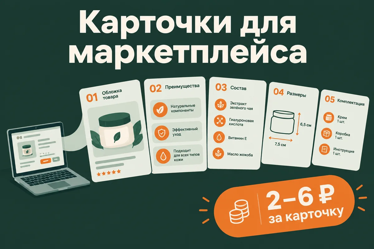 Серия из пяти карточек товара для маркетплейса: обложка, преимущества, состав, размеры, комплектация и плашка 2–6 ₽ за карточку – Нейровод, neurovod.ru