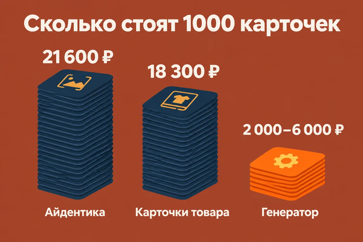 Сравнение стоимости 1000 карточек: Айдентика 21 600 ₽, Карточки товара 18 300 ₽, генератор 2 000–6 000 ₽ – Нейровод, neurovod.ru