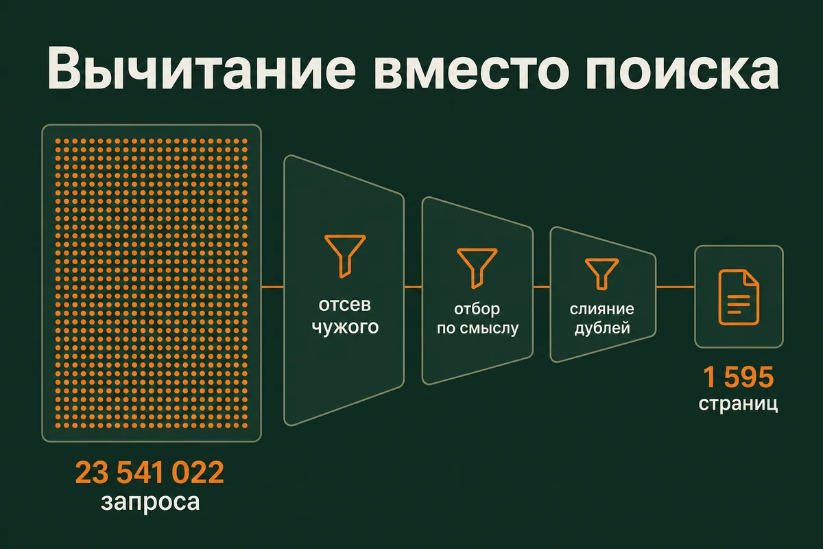 Схема метода: из 23 541 022 запросов после отсева чужого, отбора по смыслу и слияния дублей остаётся 1 595 страниц – neurovod.ru