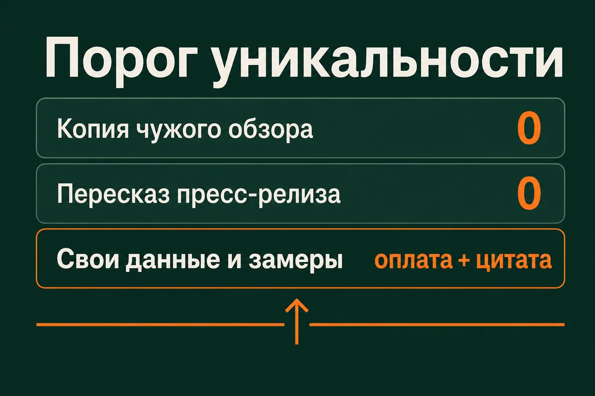 Порог уникальности контента для ИИ-поиска: копия чужого обзора и пересказ пресс-релиза стоят ноль, собственные данные и замеры получают оплату и цитату со ссылкой