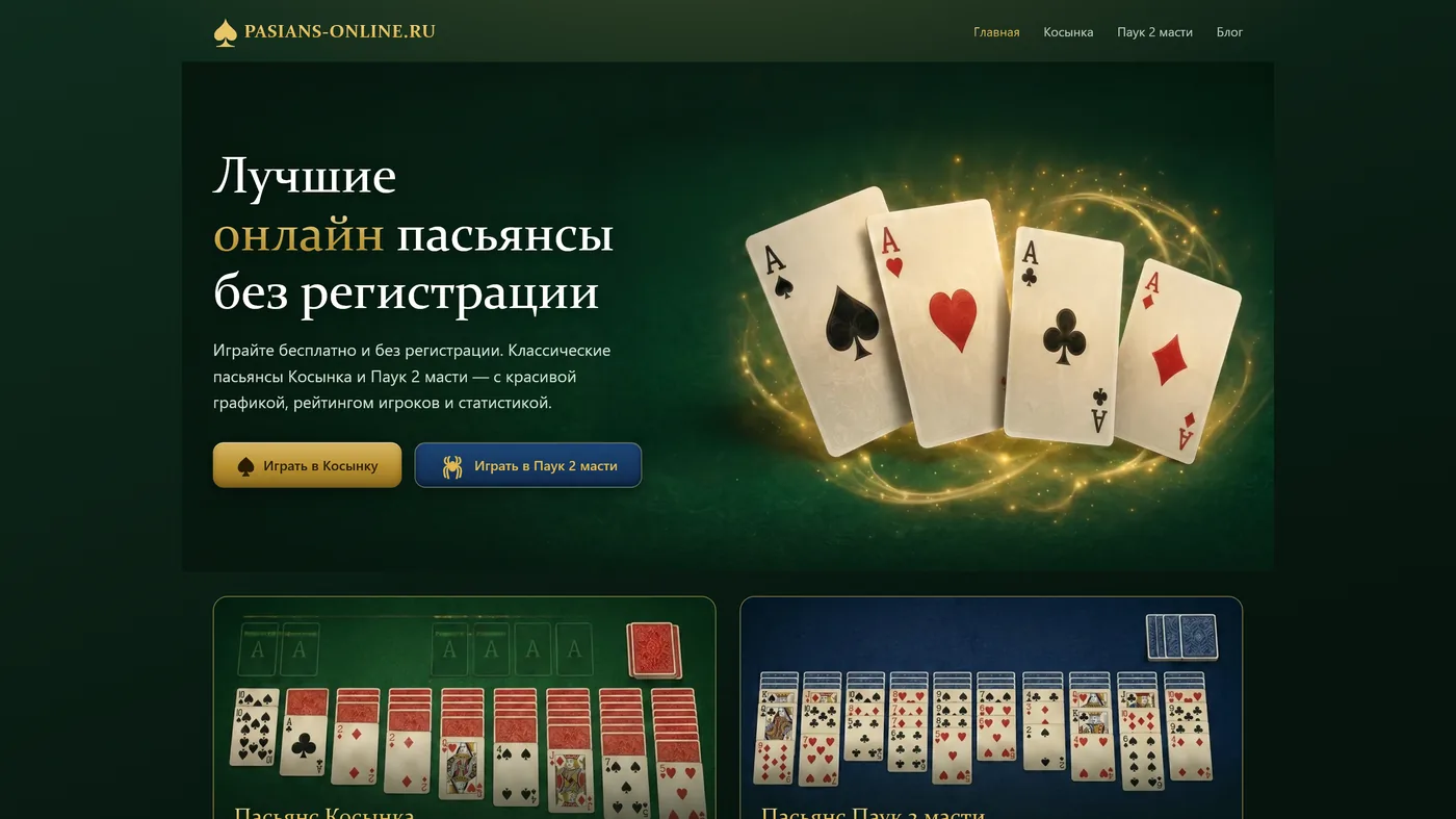 Пасьянс-портал – Косынка и Паук онлайн – скриншот сайта