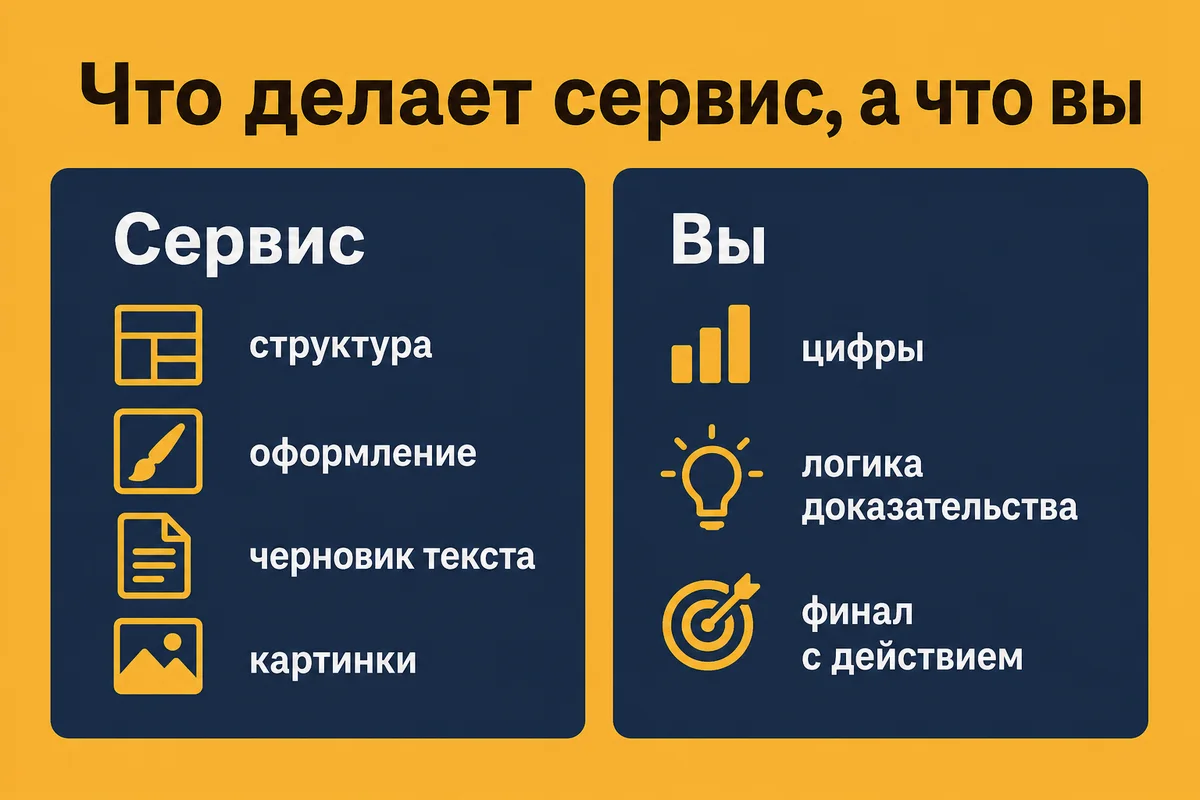 Сервис даёт структуру, оформление, черновик текста и картинки. На вас – цифры, логика доказательства и финал с действием – neurovod.ru