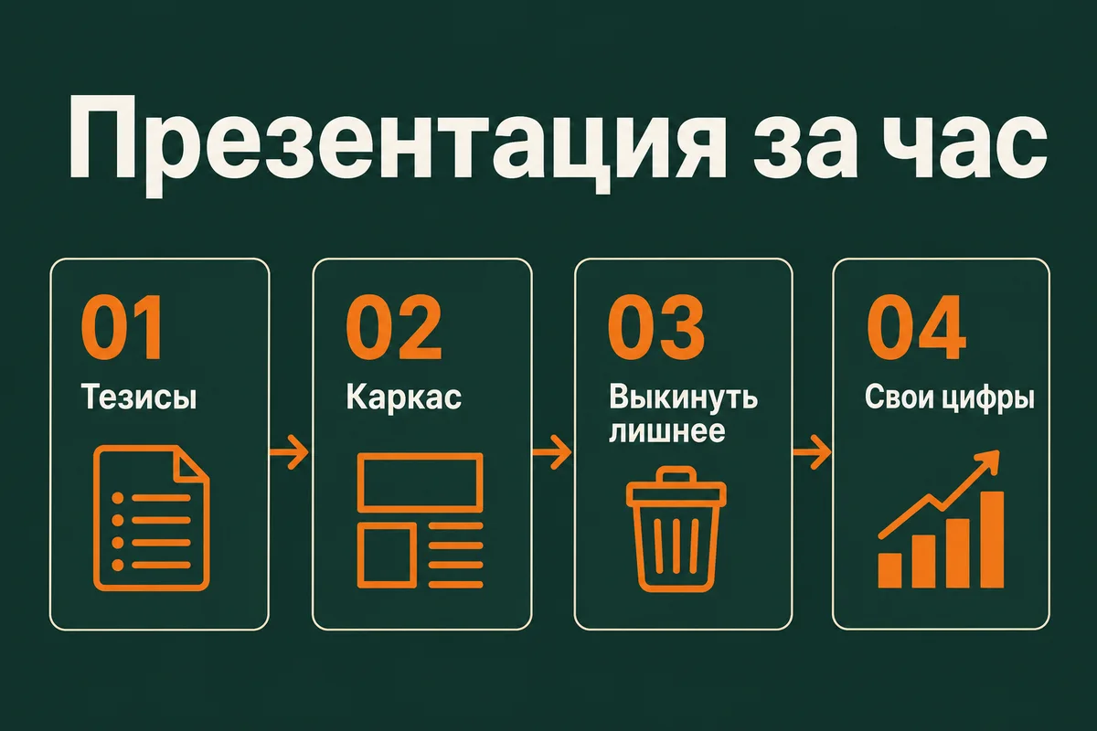 Четыре шага презентации за час: тезисы, каркас, выкинуть лишнее, свои цифры – neurovod.ru