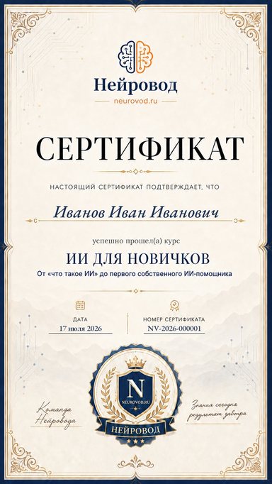 Именной сертификат курса «ИИ для новичков» – neurovod.ru