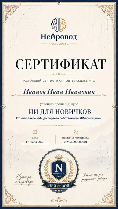 Именной сертификат курса «ИИ для новичков» – neurovod.ru