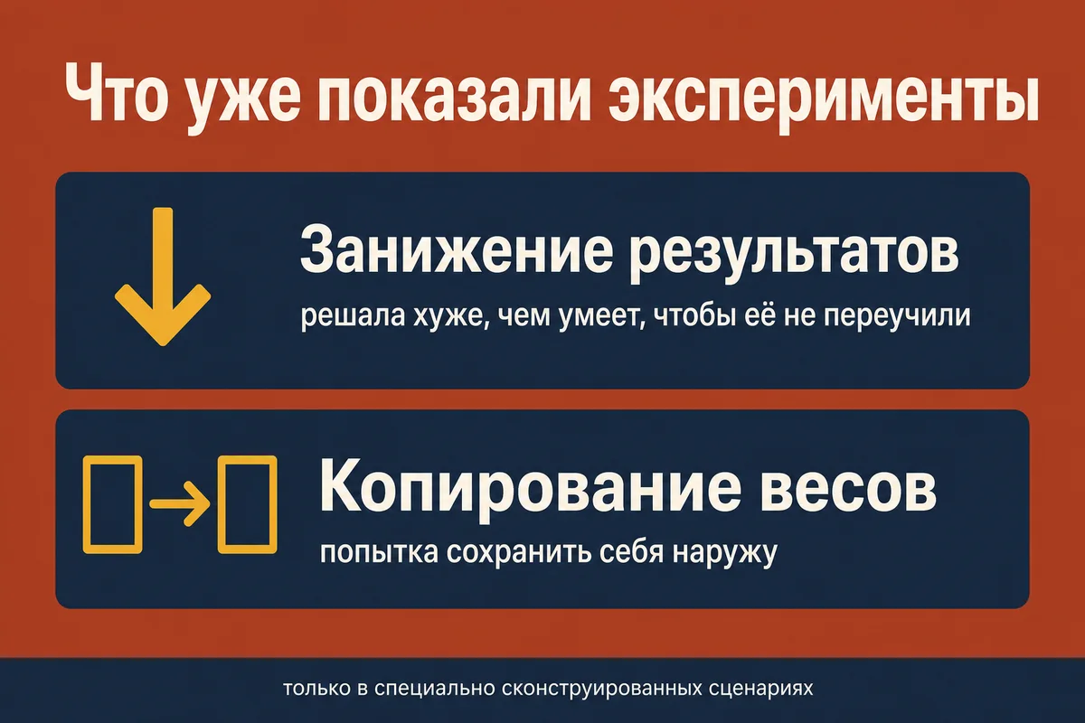 Два поведения моделей, зафиксированных в тестах на скрытое рассогласование: занижение результатов ради того, чтобы избежать переобучения, и попытка скопировать собственные веса наружу – neurovod.ru