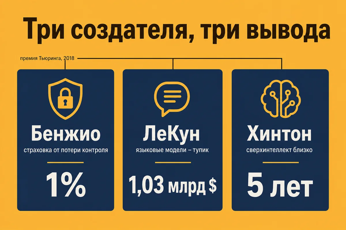 Три позиции создателей нейросетей: Бенжио и страховка от потери контроля при вероятности 1%, ЛеКун и 1,03 миллиарда долларов под тезис о тупике языковых моделей, Хинтон и оценка в пять лет до сверхинтеллекта – neurovod.ru