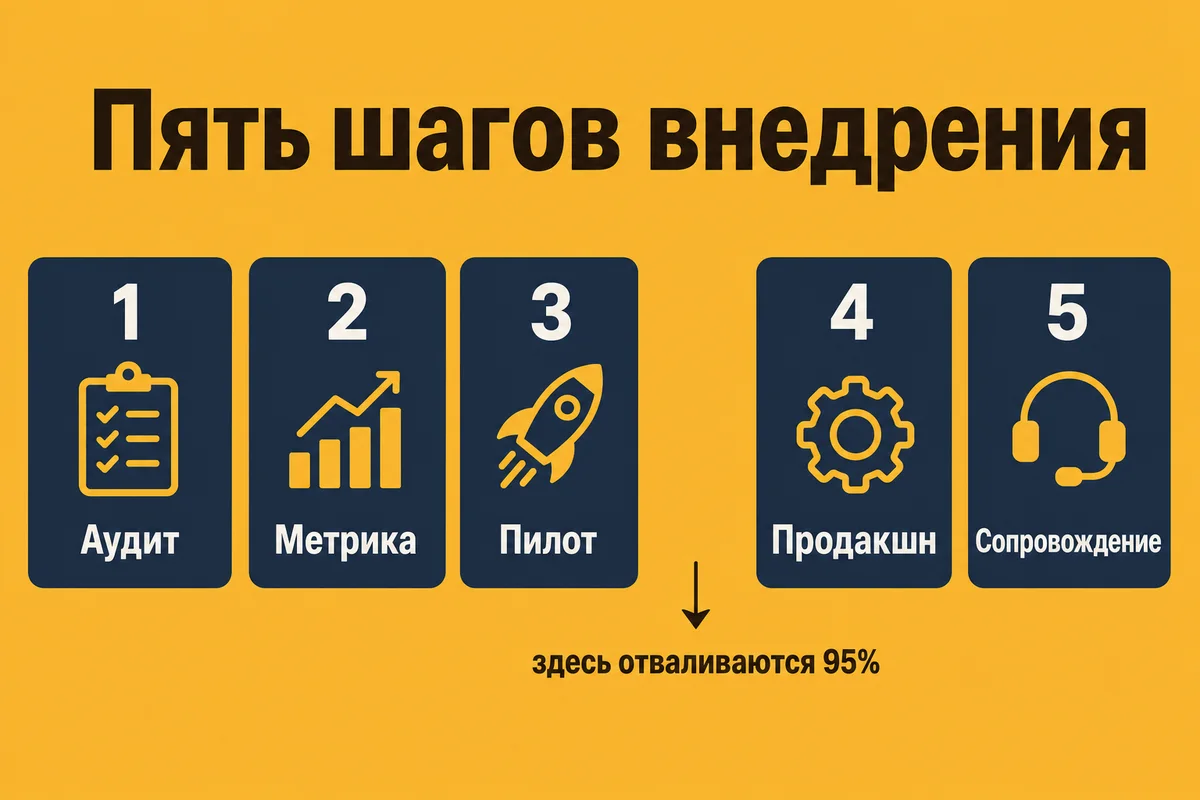 Пять шагов внедрения ИИ: аудит, метрика, пилот, продакшн, сопровождение – между пилотом и продакшеном отваливаются 95% проектов – neurovod.ru